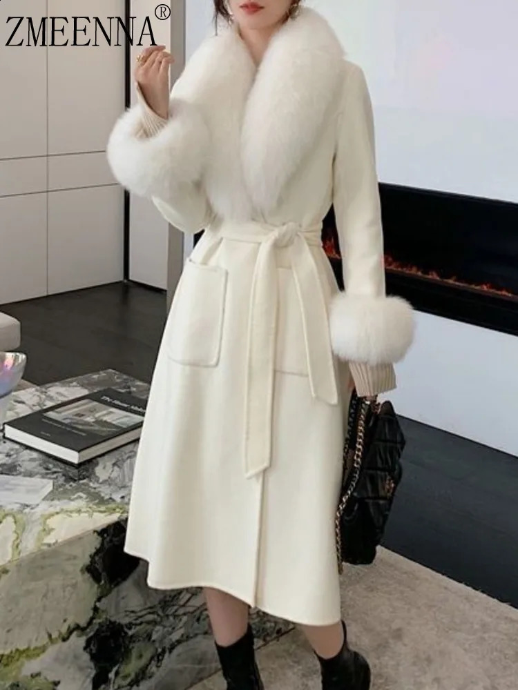 ZMEENNA Womens Mid Length Wool Blend Coat Faux Fur Collar Cuff Belt Elegant Winter Outerwear Warm Ivory White ZM4400 251205