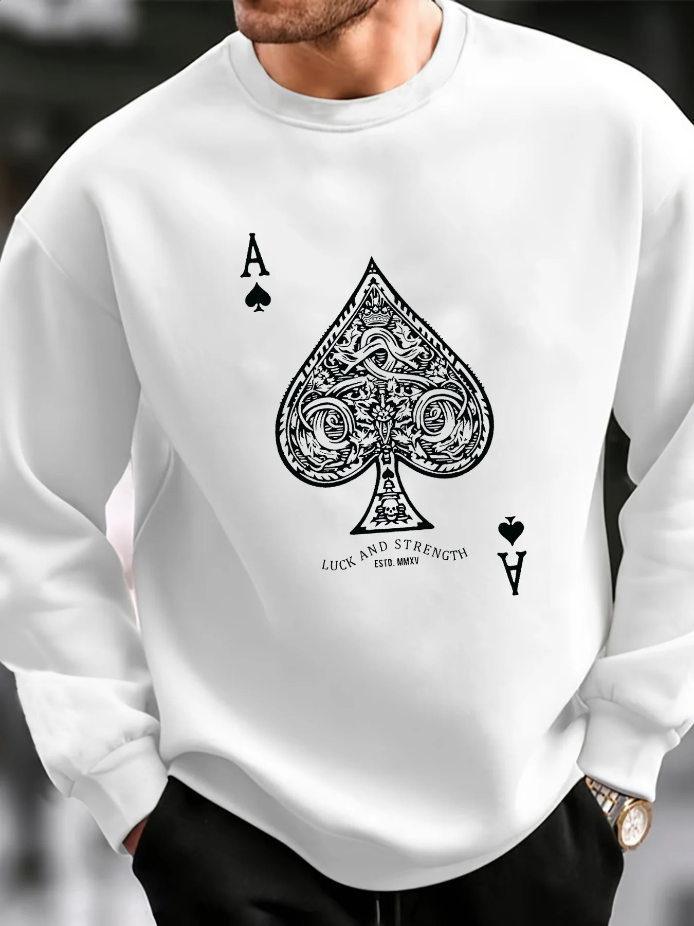 Mens autumn and winter thick velvet warm casual loose poker card Aline printed round neck long sleeved pullover 251201
