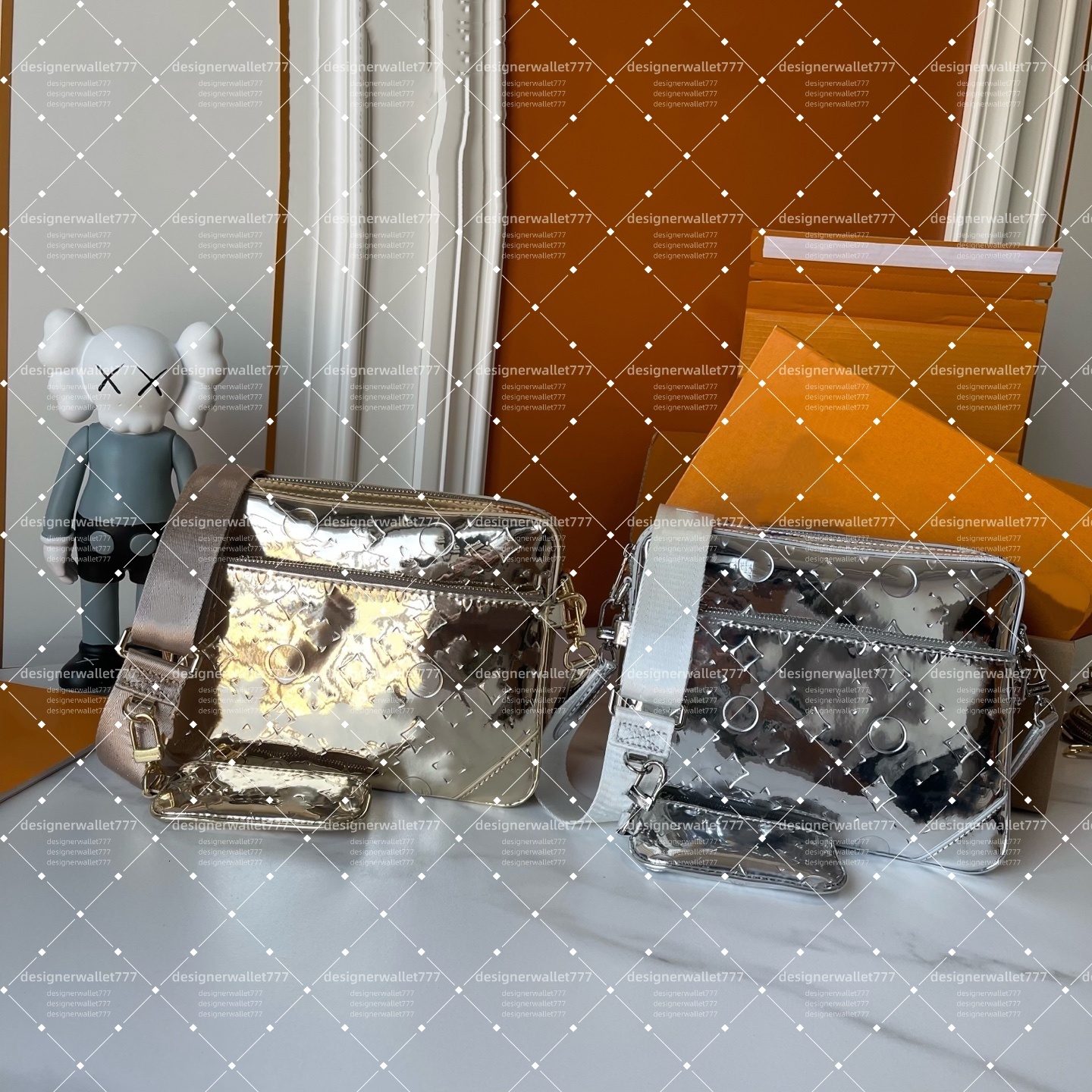 Luxury Mens Womens Trio Messenger Bag Gold and silver patent leather Crossbody Shoulder Bags Handbag Fashion ski Designer Bag Wallet Purse Mirror Qu