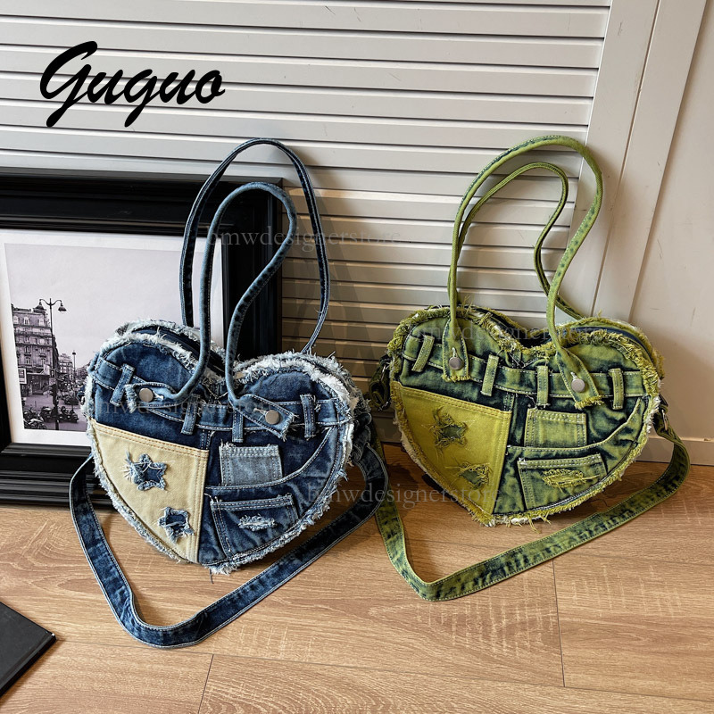 Guguo Designer Luxury Retro Women's Heart-shaped Casual Bag Fashion Tassel Denim Shoulder Crossbody Bag New Versatile Student Bag Handbag Free