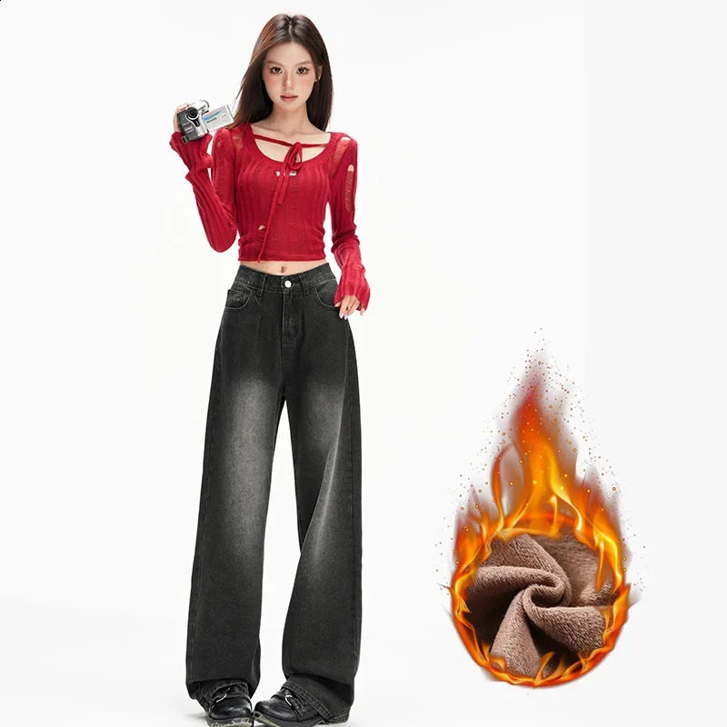 Vintage Baggy High Waist Fleece Jeans Women Y2K Wide Leg Oversized Harajuku Fashion Winter Streetwear Men Jeans Pants 251210