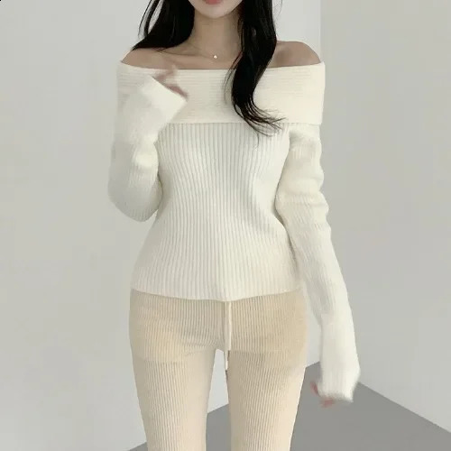 Korean Style Pure Desire One Shoulder Knitted Sweater Thickened Long Sleeve Slim Fit Womens Fashion Autumn Clothes 251210