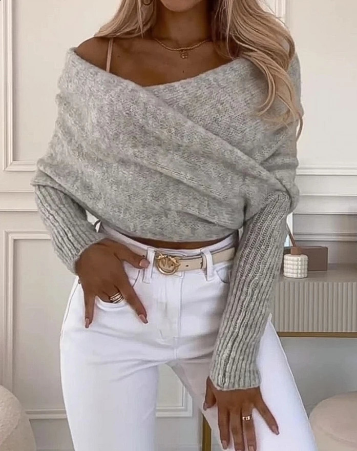 Autumn Lazy Womens Knitted Sweater Elegant Off Shoulder Cross Knitted Sweater Fashion Casual Pullover Casual Outerwear Sweater 251210