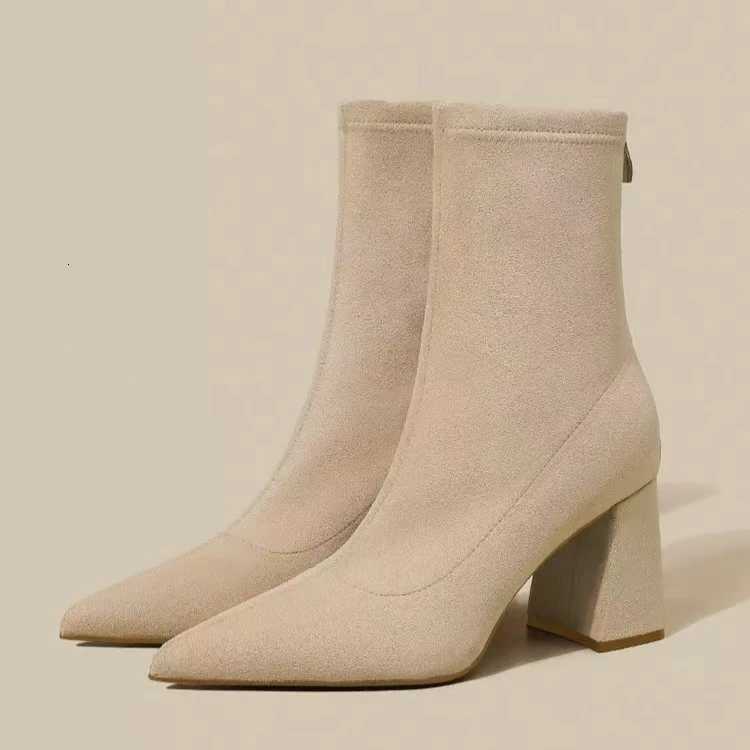 2025 Vintage Warm Suede Women Ankle Boots Fi Elegant Pointed Toe Shoes Autumn Winter Thick Heel Womens Short Booties 326XJ251211