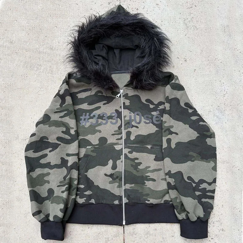 Autumn Winter Y2K Vintage High Street Camouflage Plush Brim Zipper Hoodie Warm Hip Hop Aesthetic Trend Cardigan Women Sweatshirt 251205