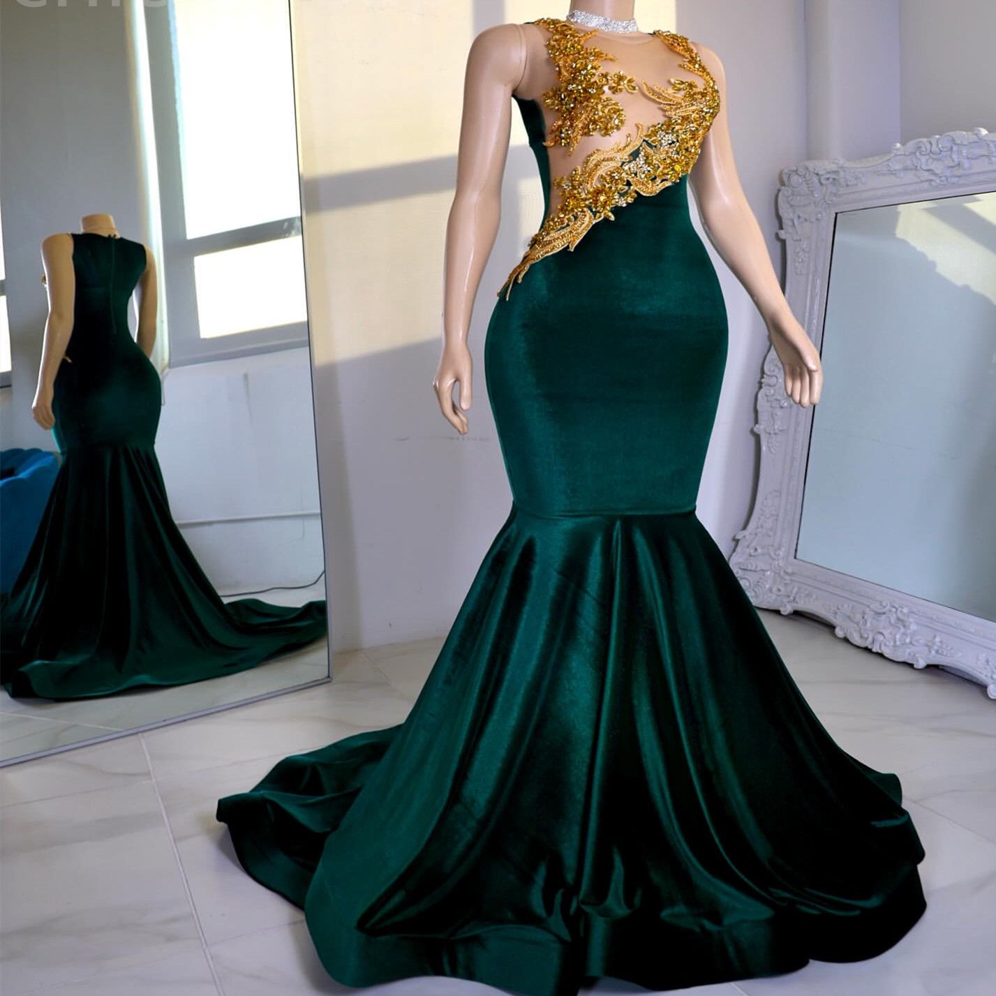 Aso Ebi Dark Green Mermaid Prom Dresses Beaded Crystals Velvet Evening Formal Party Second Reception Birthday Engagement Gowns Dresses Robe De Soire
