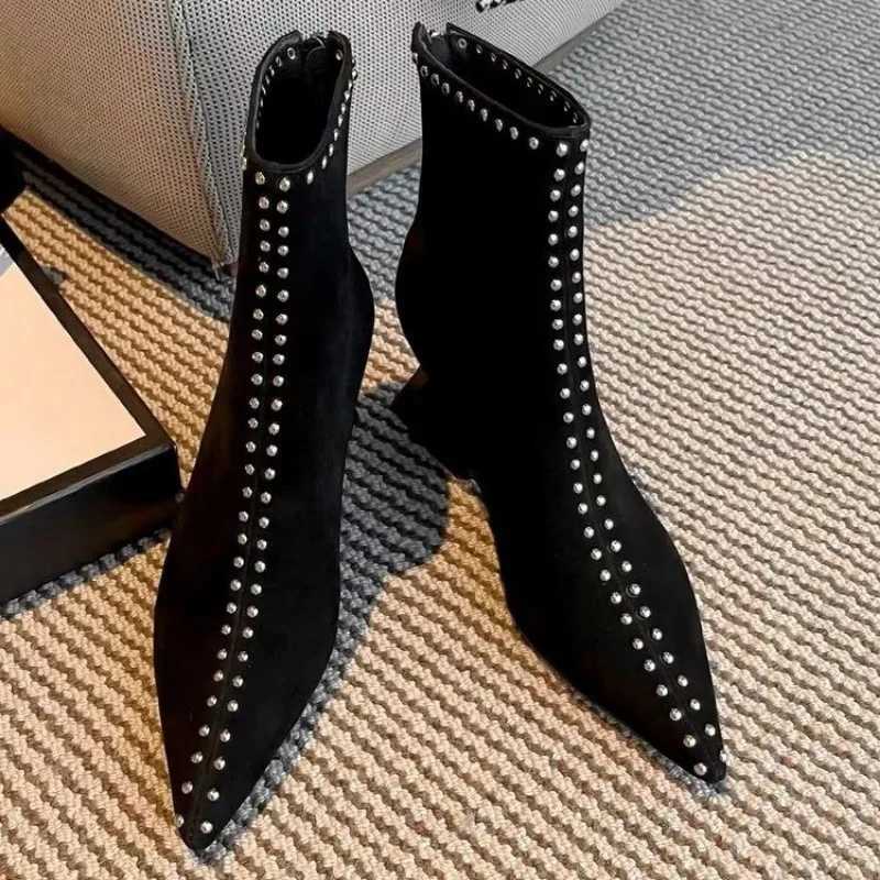Women Ankle Boots 2024 Shallow Spring Autumn Winter Pointed Toe Designer Ladies Short Back Zip Sexy Suede High Heels Mom ShoesXJ251211