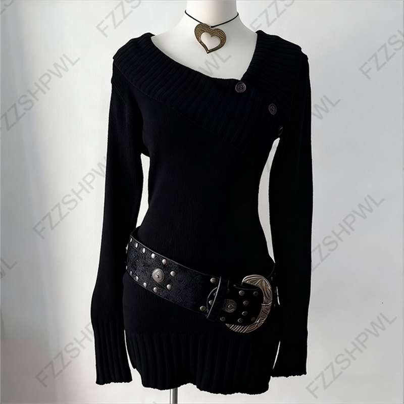 Goth Y2K Womens Knitted Sweater Sexy Slim Chic Button-Down Solid color Pullover Grunge Punk Harajuku Retro Streetwear 251210