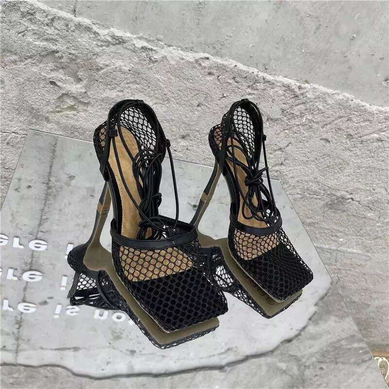 Women's Plus Size Stiletto Heel Roman Sandals Adjustable T-Bar Strap, Square Toe Hollow-Out Upper Breathable Mesh & Cushioned Insole Yellow/Bla