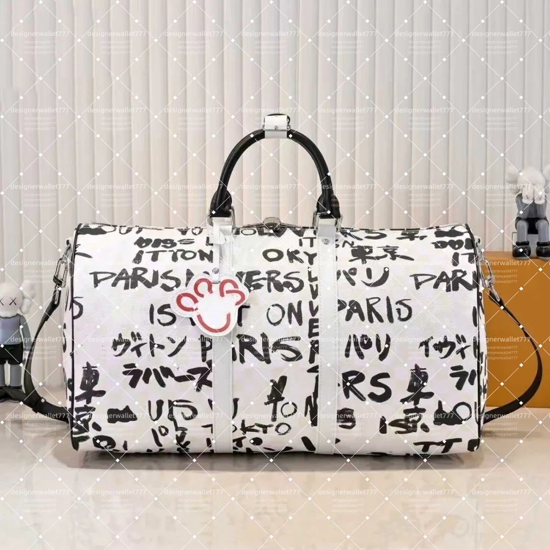 10A Mens Womens Luxury Designer Keepall White Graffiti Leather Travel duffle Bag Handbag Shouder Crossbody Bags Outdoor Airport Bag 50CM Mirror Qual