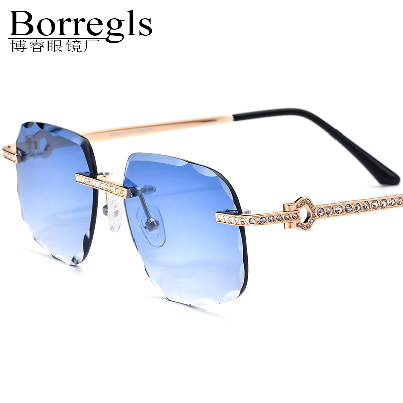 Borregls Rimless Diamond Sunglasses Women New Brand Design Fashion High-Quality Alloy Sun Glasses Men Nylon Lens Mirrored Shades 150267