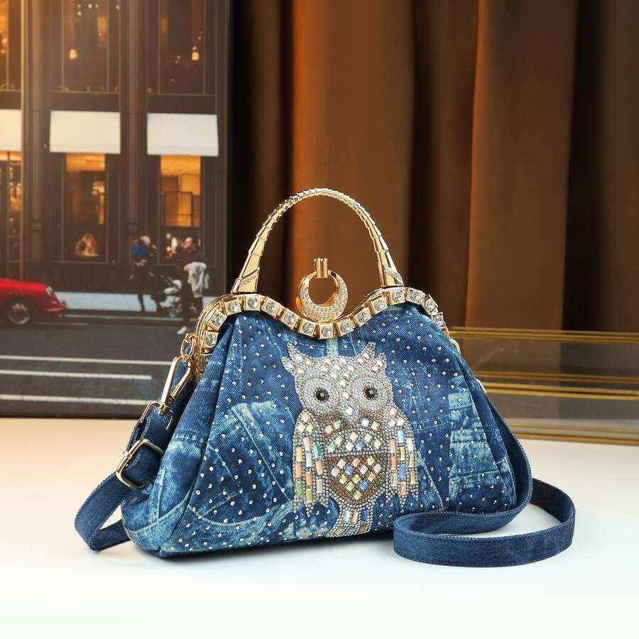toteBag Shoulder Fashionable And High End Denim Embellished One Shoulder Dumpling Elegant Women S Owl Shaped Bright Diamond Bag