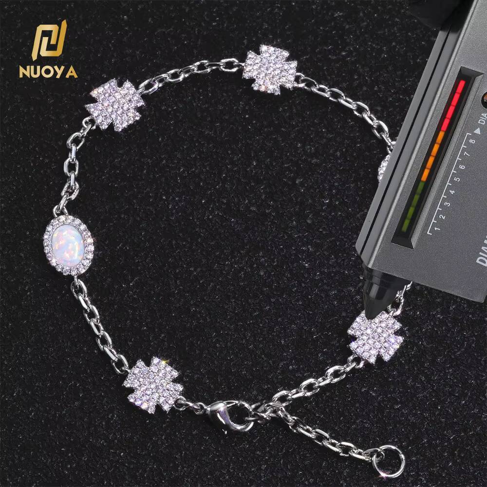 NUOAY 925 Silver Chain Bracelet Iced Out VVS Moissanite Opal Cross Design Silver Necklace Hip Hop Fine Jewelry for Women