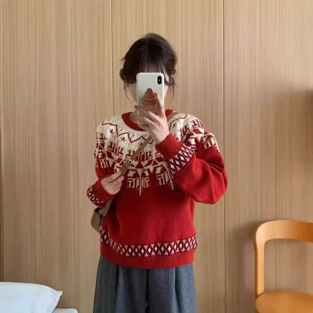 Fashion Retro Lazy Style Christmas High-end Jacquard Sweater Womens New Crew Neck Versatile Knitted Sweater Top 2025 Spring And Z251211