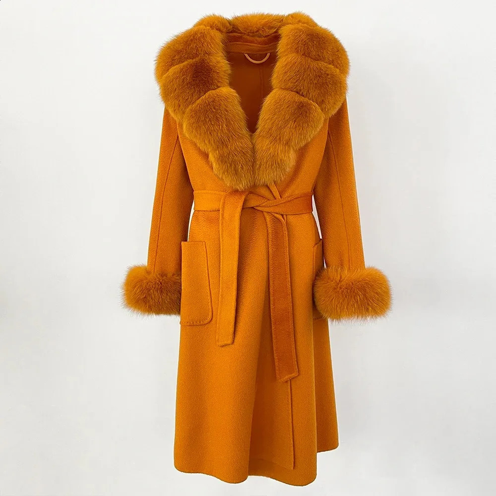 Wool Women Natural Fur Collar Real Coat Winter Jacket Belt Warm Street Wear 251205