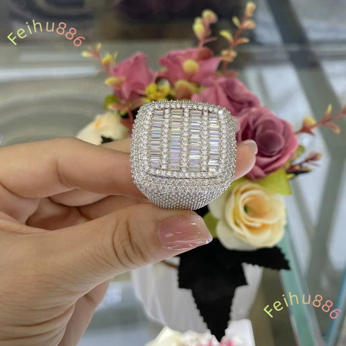 Hiphop Men Women Fine Jewelry Iced Out Gold Plated 925 Sterling Silver VVS Moissanite Diamond Baguette Ring With GRA Certificate