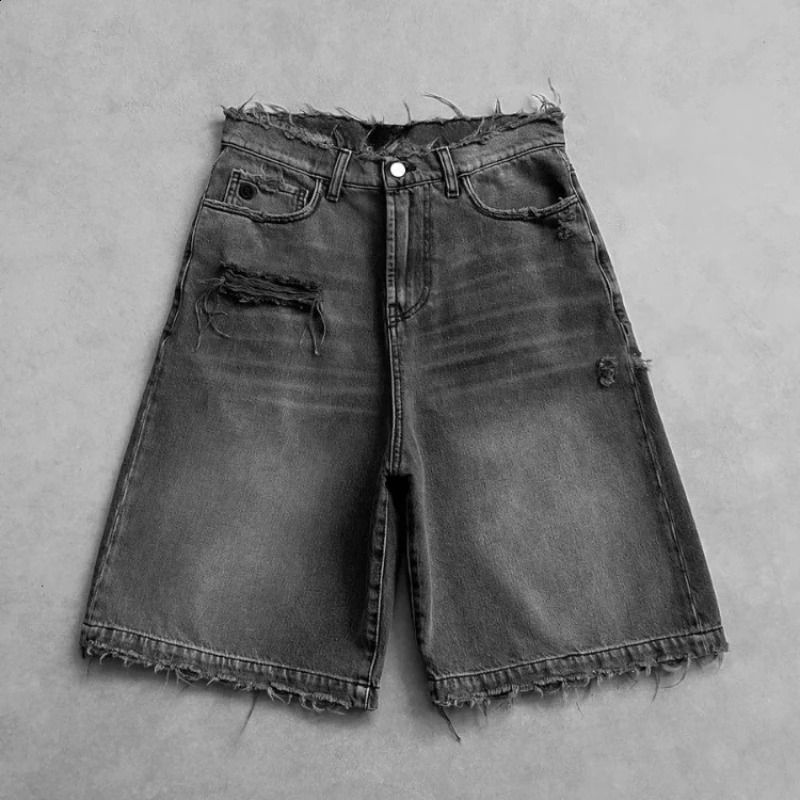 Deeptown Washed Ripped Short Jeans Women and Man Hole Embroidery Wide Leg American Retro Jorts Baggy Casual Streetwear Summer 251211