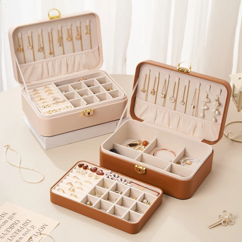 PU Leather Big Jewelry Box For Women Girls Double Layer Necklace Earrings Rings Bracelets Jewelry Box Organizer With Lock 251210