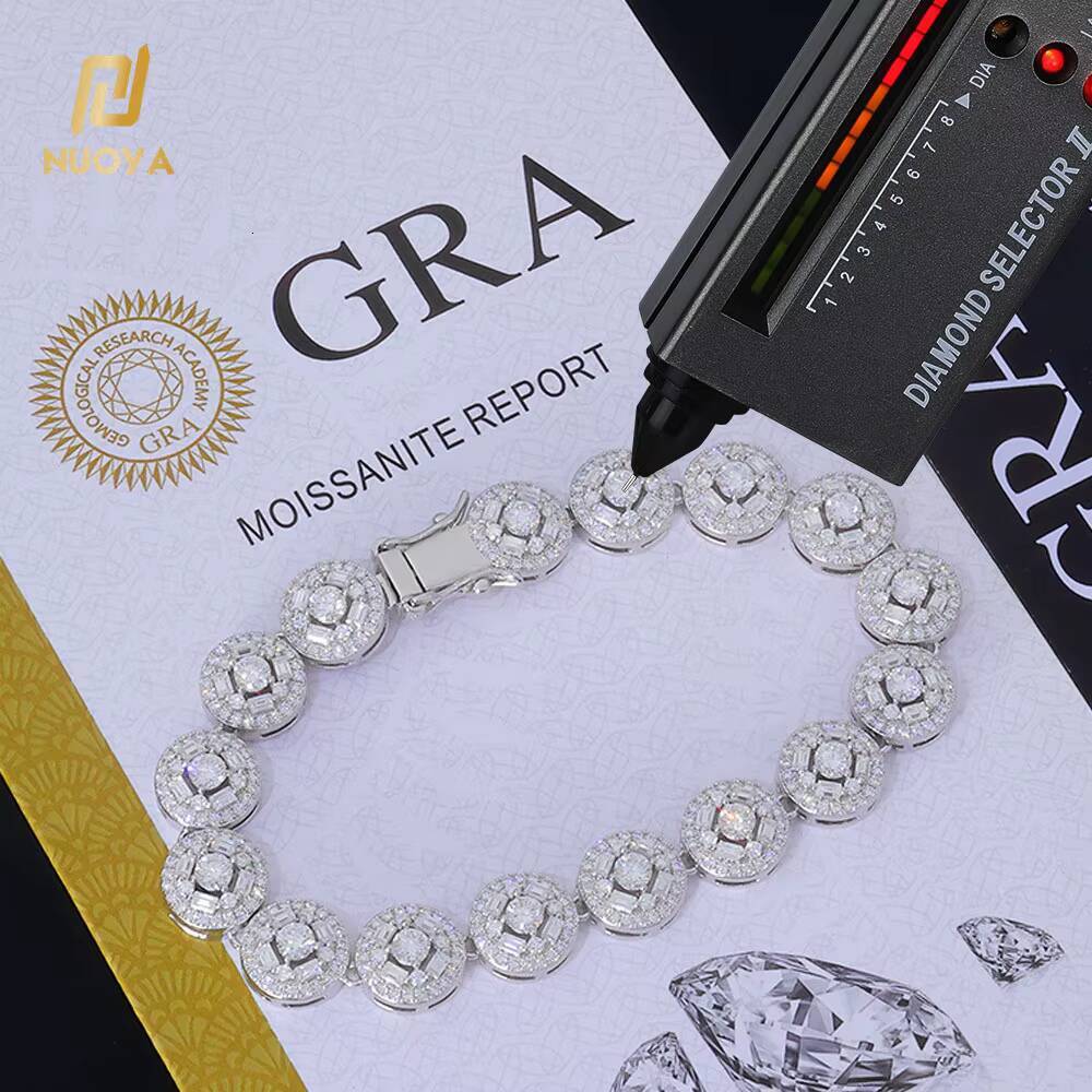 NUOYA 10mm Width Custom 925 Silver Bracelet Women Fine Jewelry Pass Diamond Tester Iced Out Moissanite Diamond Chain Bracelet