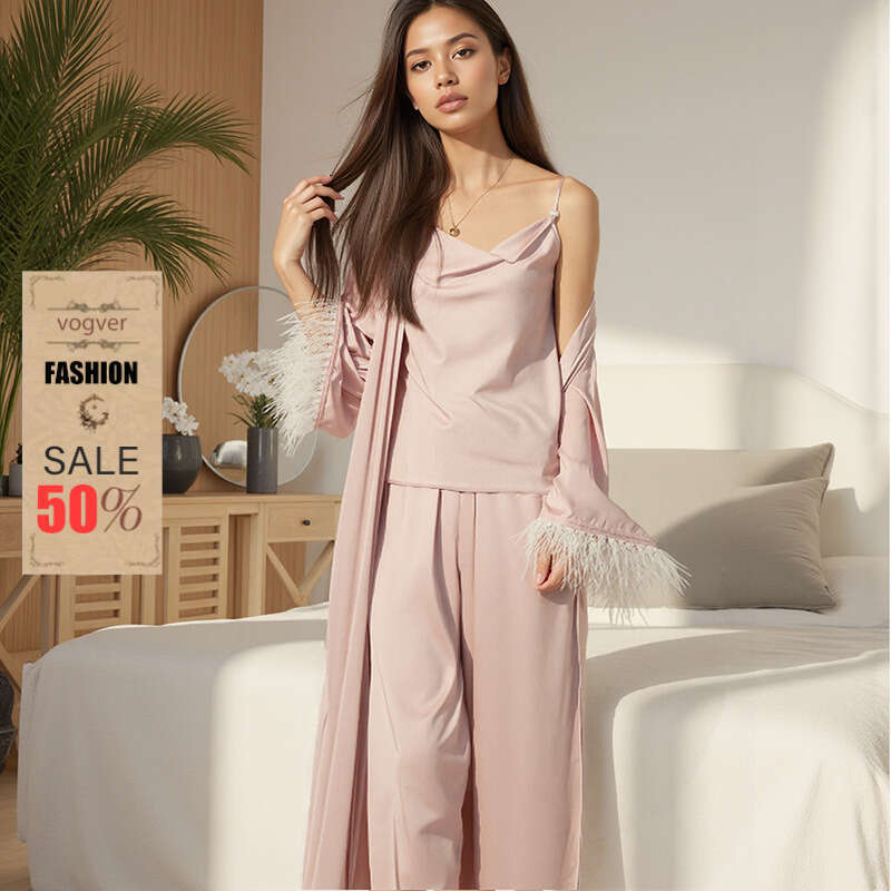 Pajamas for Women Designer Luxury 2026 Sexy Satin Ice Silk Nightgown for Women Summer Sleeve Feather Robe Camisole Long Pants Homewear Set