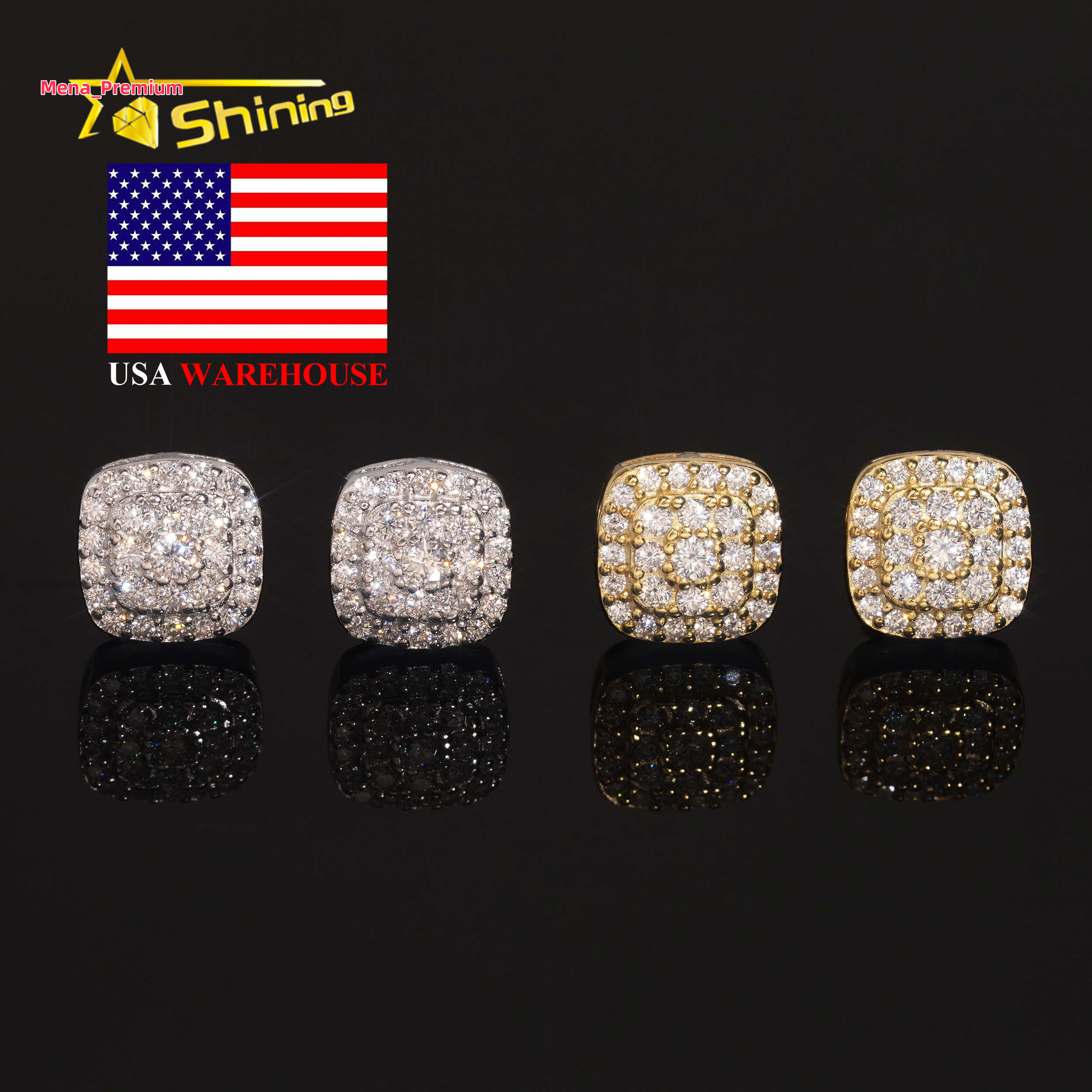 US Warehouse Fast Shipping Hip Hop Jewelry 925 Sterling Silver Gold Plated VVS Diamond Iced Out Moissanite Stud Earrings
