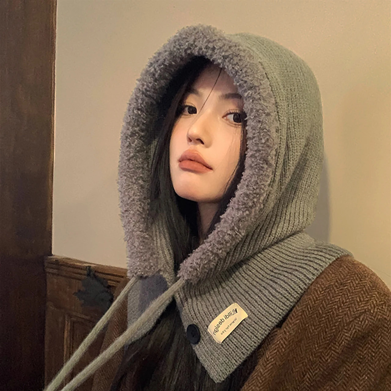 Solid Color Knitted Warm Scarf Women Winter Balaclava Hat Outdoor Windproof Lady Girl Hooded Beanie 251203