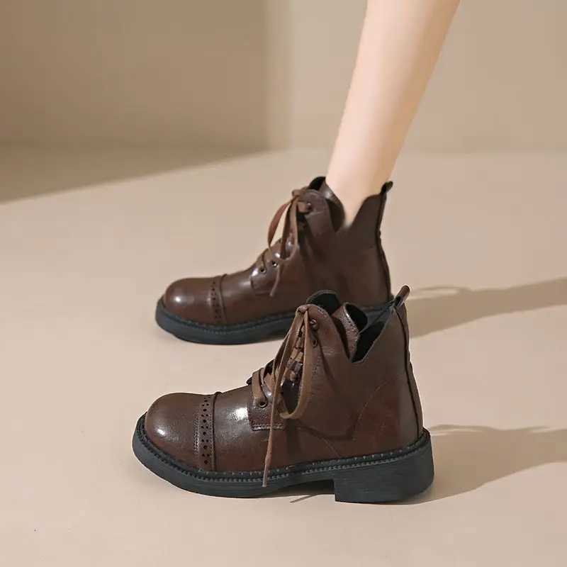 Spring Autumn Lace-up Round Toe Ankle Boots for Women Elegant with Low Heels Leather Booties Designer Luxury Woman Short ShoesXJ251211