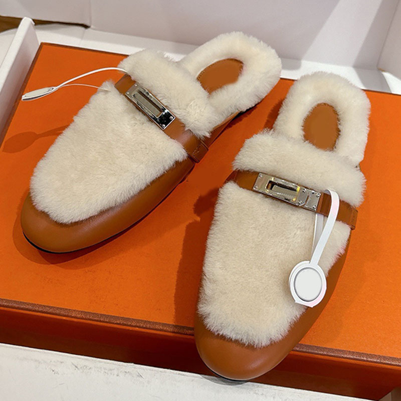 2026ss high quality lamb's wool mules Ladies Fashion Versatile Baotou semi trailer Plush flat shoes Euro American Fashion breathable comfortabl