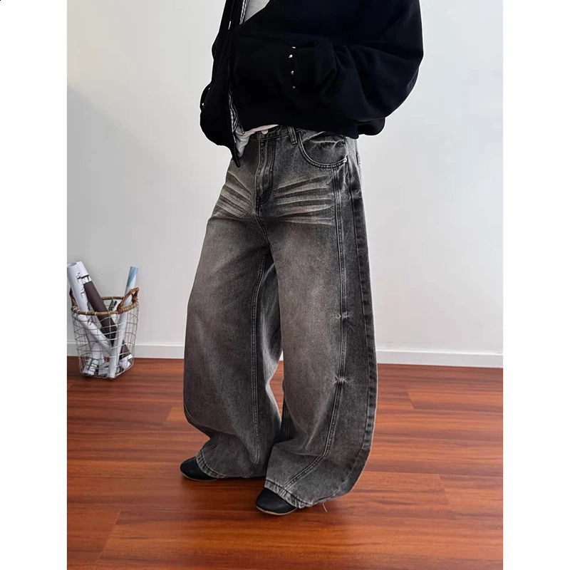 ZHIZOU Autumn Winter Womens Gray Denim Pants Y2K Baggy Jean American Cowboy Harajuku Vintage Jeans Stacked Wide Leg Jeans 251210