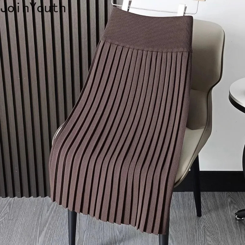 Pleated Skirts for Women Vintage Solid Color Jupe 2025 Faldas Mujer De Moda High Waist A-line Saia Fashion Korean Knitted Skirt 251209