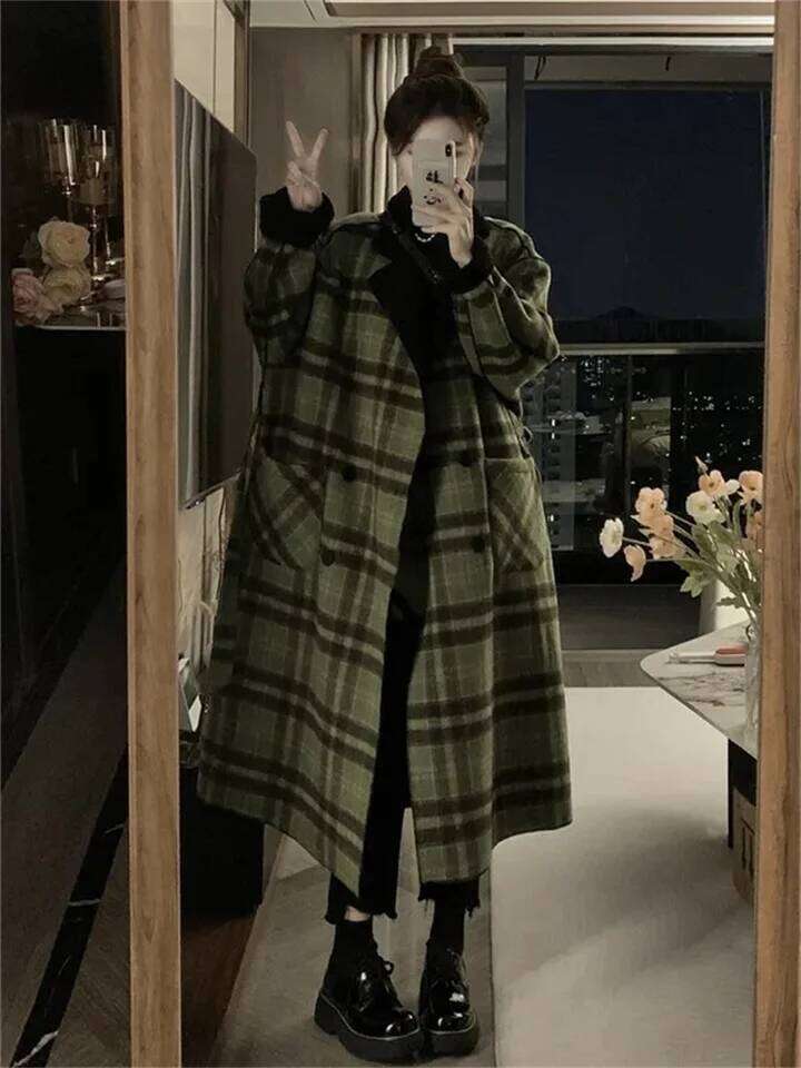 Retro Simple Slim Plaid Medium Women's Winter New Thickened Loose Double Wear Long Sleeve Fashion 2026 Woolen Coat