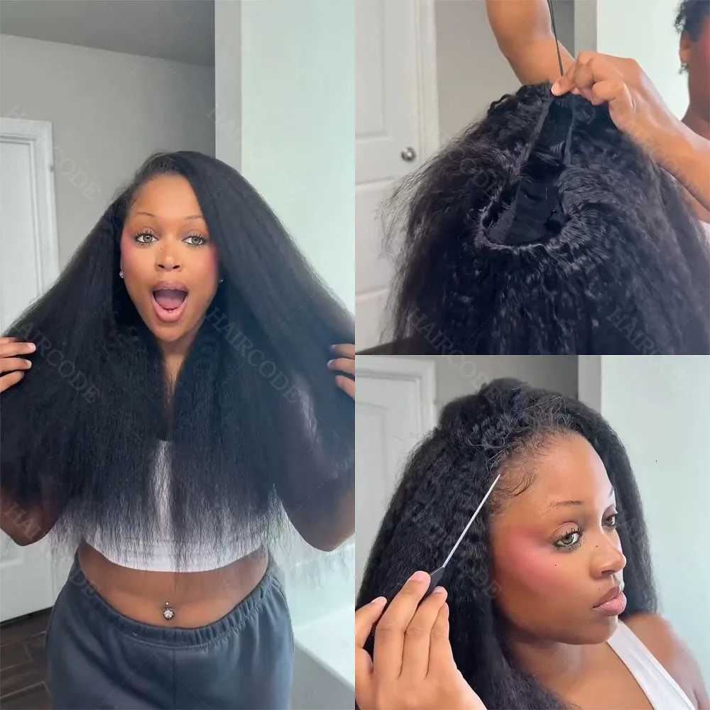 250 Density Kinky Straight Drawstring Half Wig Human Hair No Lace Wig Invisible Hairline 3 IN 1 Flip Over Clip In 3/4 Wig M251211-image-1088062142