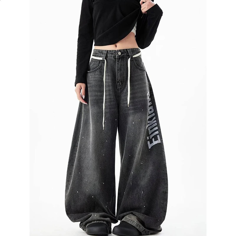 YIBASHU American Vintage 2000s Style High Waist Black Gray Jeans Pants Women Clothes Baggy Y2K Wide Leg Denim Trouser Female 251210