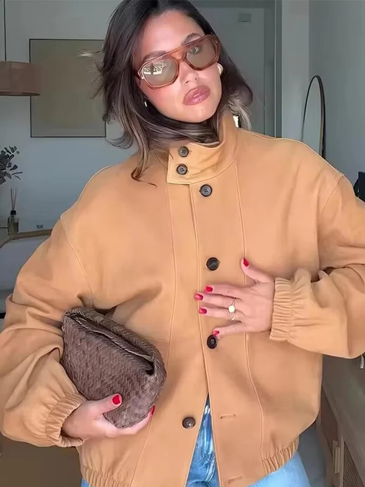 Vintage PU Leather Jackets for Women Autumn Women High Street Jacket Coats Loose Casual Single Breasted Outerwear 251209