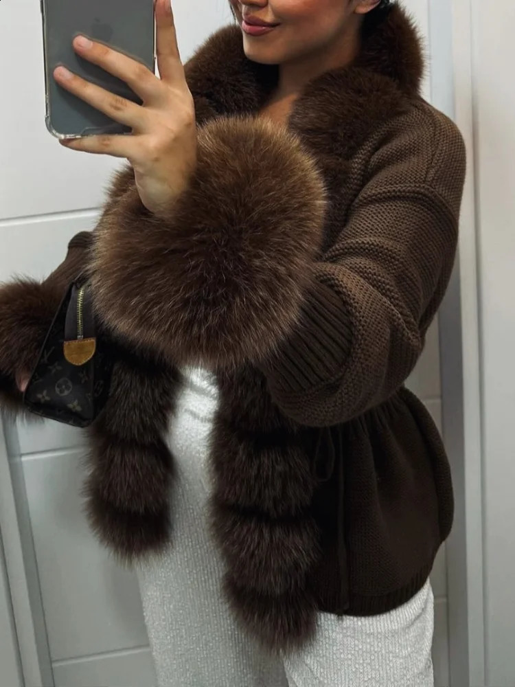 Women Faux Fur Knit Sweater Cardigan Spring Autumn Elegant Knitted Sweater With Faux Fox Fur Collar Ladies Fashion Coat Fur Coat 251205