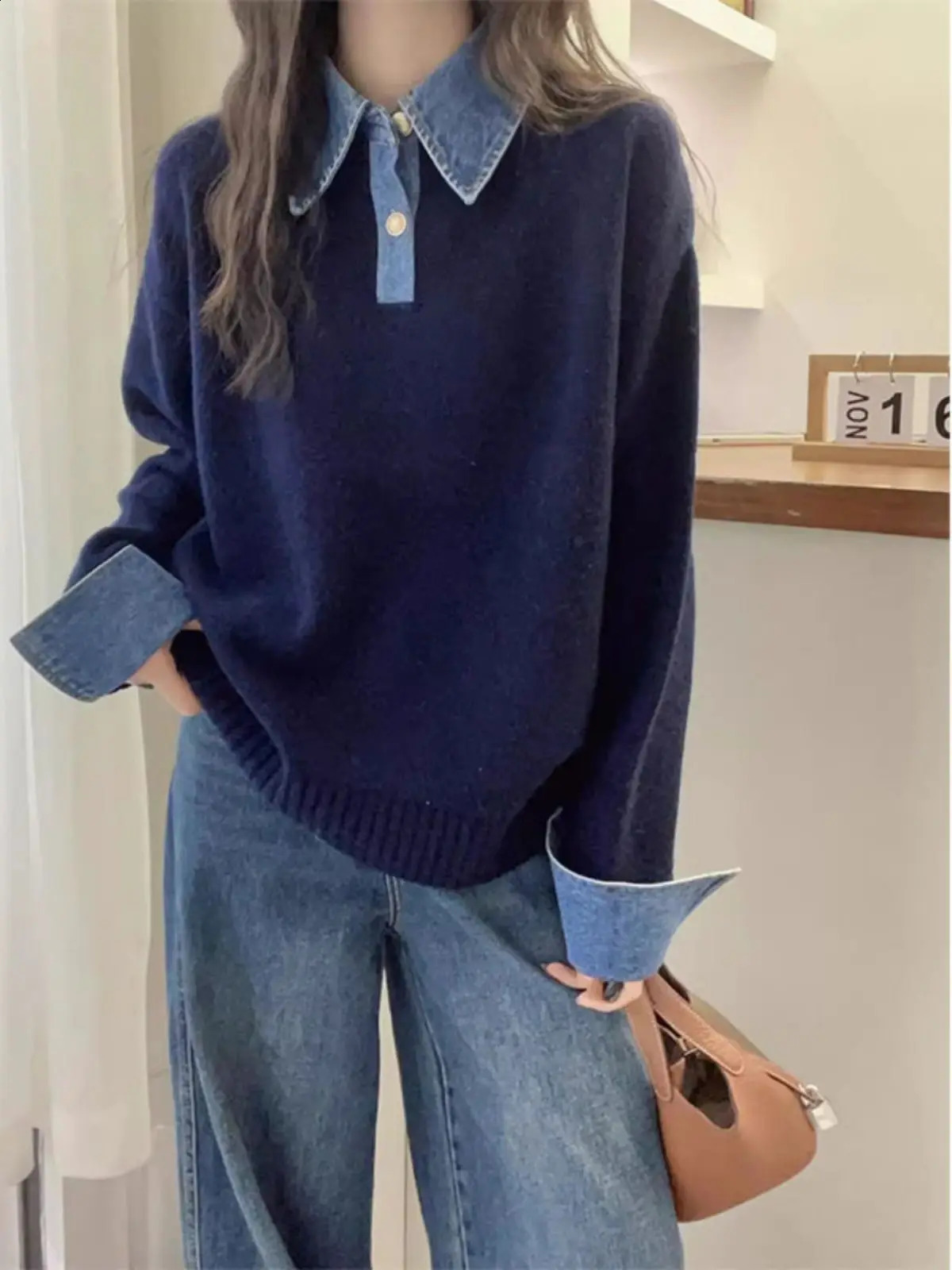 Korean Style Winter Knitted Sweater Polo Collar Denim Patchwork Two-Piece Womens Fashion Versatile Ice Silk Material 251210