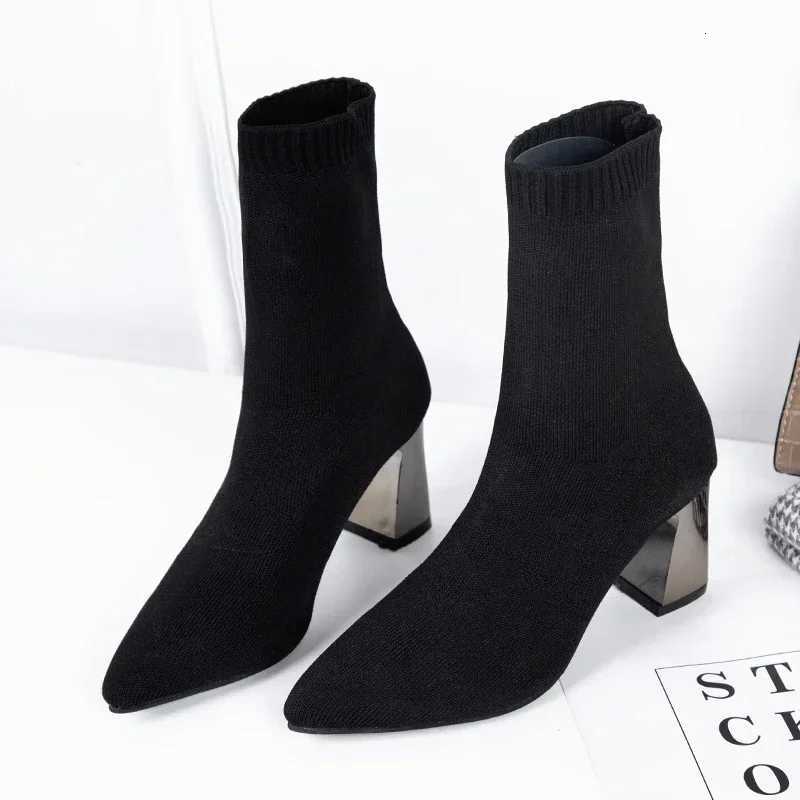 2025 New Spring Elastic Boots Knitted Short Socks and Boots Electroplated Thin Heel Mid Sleeve Fi Comfortable Womens ShoesXJ251211
