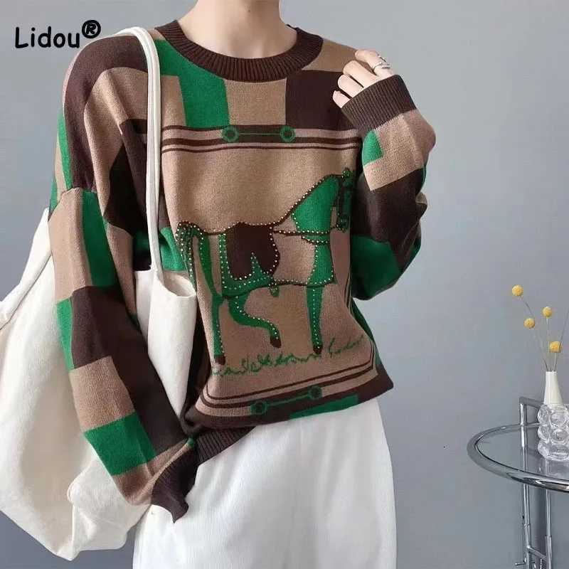 Contrasting Colors Vintage Round Neck Sweaters Womens Clothing Fashion Cartoon Long SLeeve Casual Knitted Jumpers Z251211