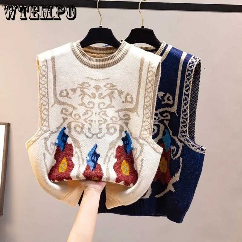 WTEMPO Women Vintage Totem Flower Pattern SLeeveless Knitted Vest Sweater Female Retro Style Casual Autumn WaistCoat Z251211