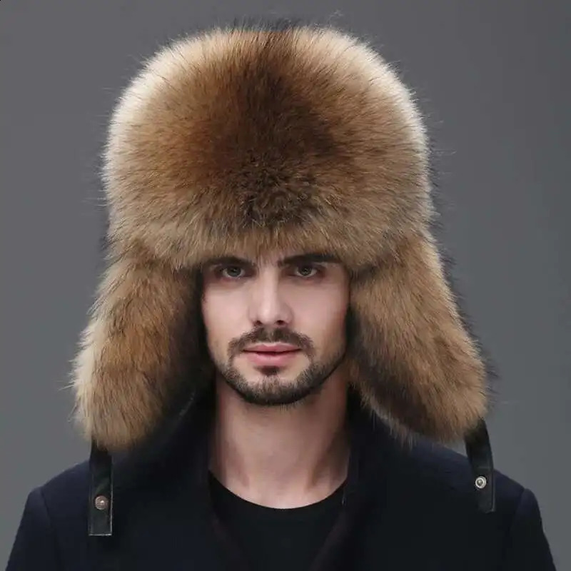 Real Fox Fur Hat Bomber Hat Mens Natural Raccoon Fur Winter Keep Warm Bomber Leather Hat Fur Hat Outdoor Skiing Hat 251210