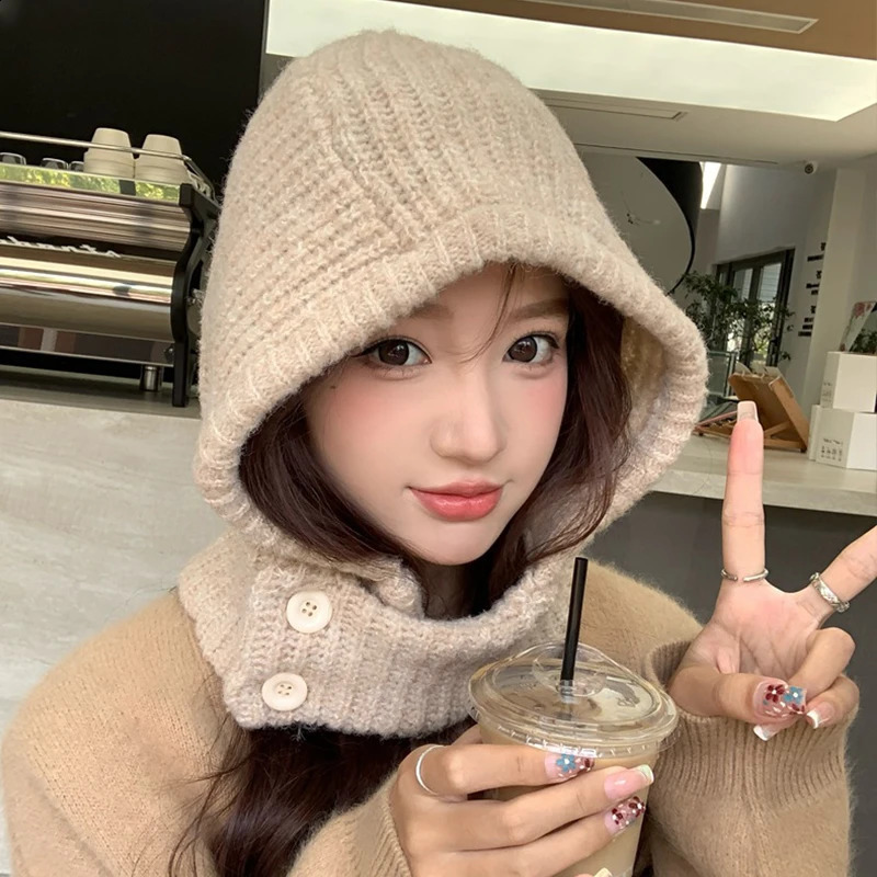 Women Winter Warm Knitted Wool Balaclava Hats Solid Color Ear Protection Scarf Caps Korean Girl Ski Snow Bonnet 251203