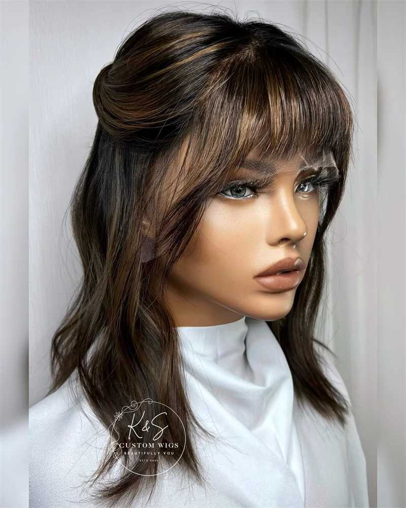 Full Bang Wig Premium Fibre Synthetic Hair Lace Part wig Brown Caramel highlights colored lace front wig High Density For Women M251211-image-1088062261