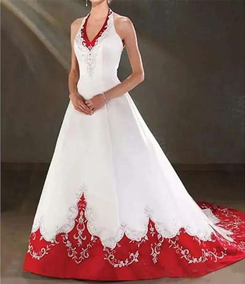Elegant White And Red A Line Wedding Dresses Embroidery Halter Neck Sleeveless Long Satin Bridal Gown Court Train Vintage Robe De Mariee