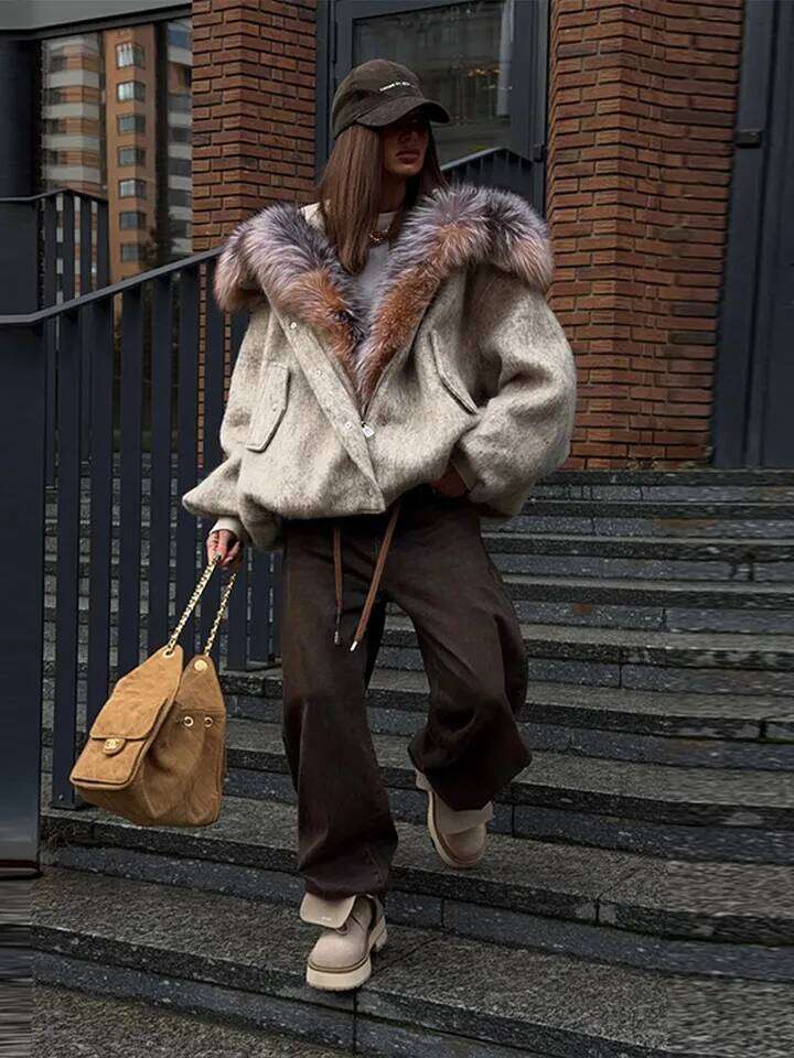 Fashion 2026 Autumn Winter Luxury Faux Fur Collar Jacket For Women Woolen Oversize Spliced Furry Coat New Lady High Street Streetwears