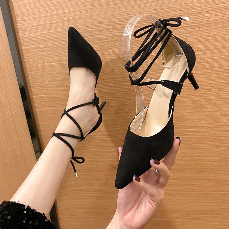 Spring and autumn 2025 new style versatile high heels pointed toe crisscross laces thin heel suede fashionable single shoes Z251211