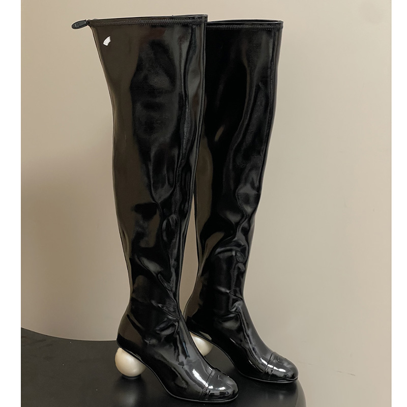 Women Chunky Heels 7cm Knee Boots Designer Suede Sheepskin Patent Leather With Faux Pearl Knignt Western Boot Zipper Outdoor Leisure Shoes With Dust