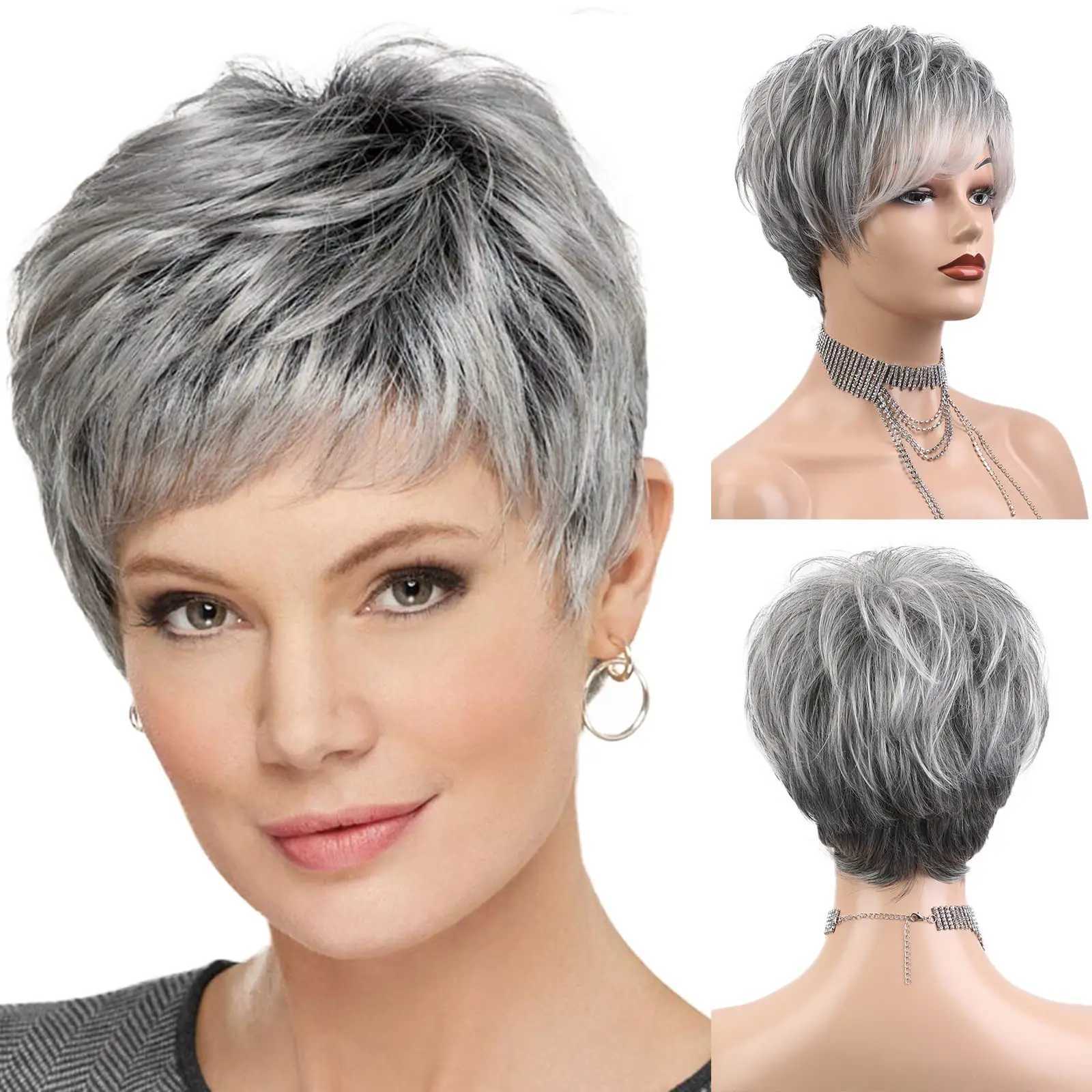 Short Pixie Cut Silvery Gray Blend Hair Wigs for Women with Bangs Ash Natural Straight Layered Human Hair Mixed Synthetic Fiber M251211-image-1088062313