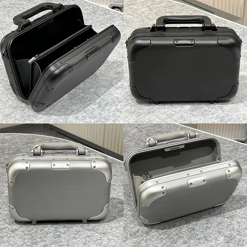 Designer luggage classic mini aluminum alloy horizontal luggage silver and black travel luggage essential for travel, easy to carry-image-1088014722