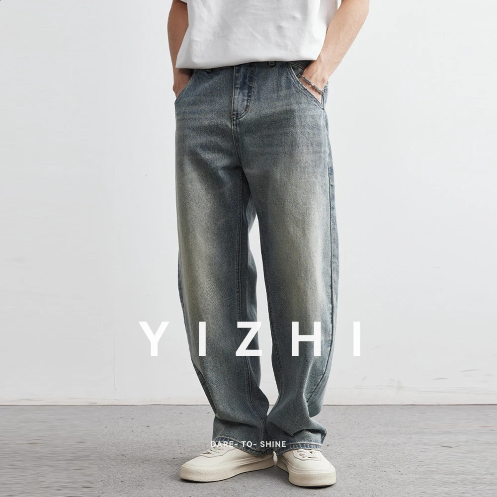 2025 Summer Mens Denim Pants Old Blue Washed Male Jeans Straight Casual Menwear Loose Wide Leg Trousers Fashion Men Cothing 251211