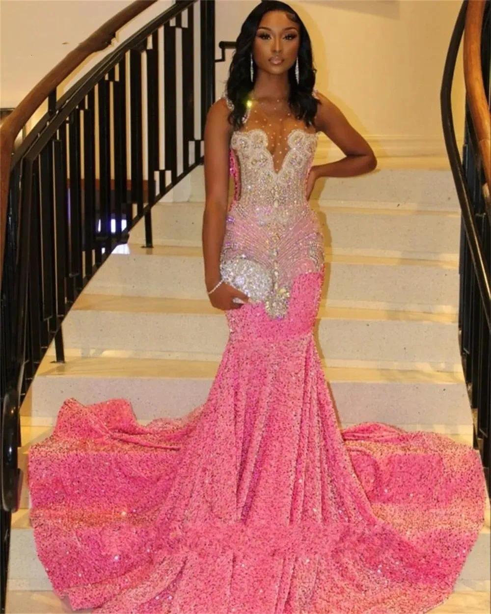 Sparkly Pink Sequin Mermaid Prom Dresses for Afriacn Women 2024 Sheer Neck Plus Size Birthday Reception Gown robe de bal